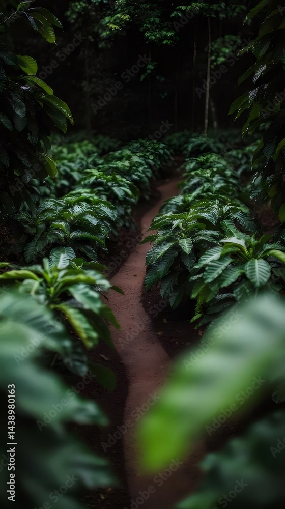Aufkleber 緑豊かな植物が生い茂る小道 雨上がりのしっとりとした森林風景 深い緑色の葉と暗い背景が印象的な自然の風景