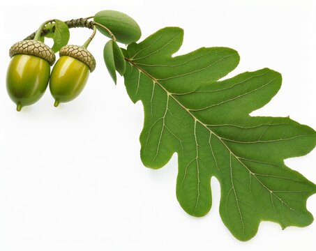 Two Fresh Green Acorns with a Detailed Oak Leaf on White Background, Perfect Nature Macro. Bright and Vibrant Botanical Isolated Composition for Autumn and Forest Designs.