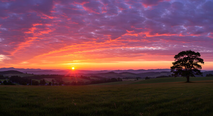 Obraz premium Dramatic Sunset Sky Over Rolling Hills with Lone Tree Silhouette