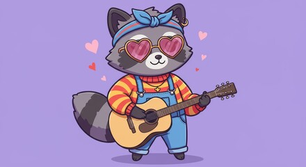 Fototapeta premium Raccoon Playing Guitar with Heart Sunglasses