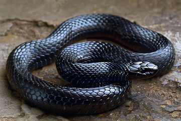 Closeup of a Coiled Black Snake on Dark Ground
