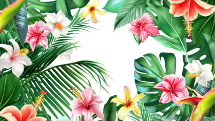 Selbstklebende Fototapeten Tropical frame with colorful hibiscus flowers and palm leaves isolated on a white background. The elements are detailed in vibrant shades of red and green, creating lively and fresh atmosphere. AIG53. © Molly P