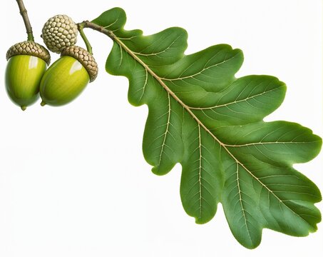 Pair of Glossy Green Acorns with Textured Oak Leaf Isolated on White Background. High-Resolution Botanical Illustration Ideal for Natural, Seasonal, and Autumn Themes.