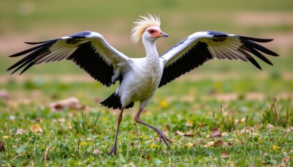 Fototapeta premium Bird spreading wings grassland wildlife photography natural environment close-up avian behavior