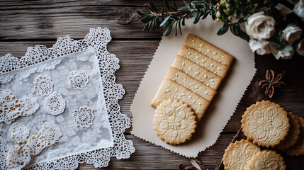 木のテーブルに置かれたレースペーパーとクッキー