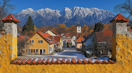 Bavarian village framed by golden wall  mountains