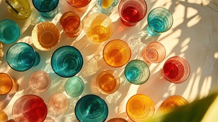 Colorful glassware collection arranged on a light surface.