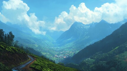 Obraz premium Majestic Mountain Valley with Tea Plantation
