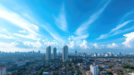 Obraz premium Cityscape panorama with vibrant blue sky and fluffy clouds
