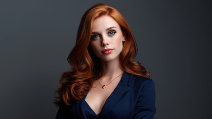 Naklejka premium Modern business photo of a red-haired woman in dark blue, looking composed against a plain grey background