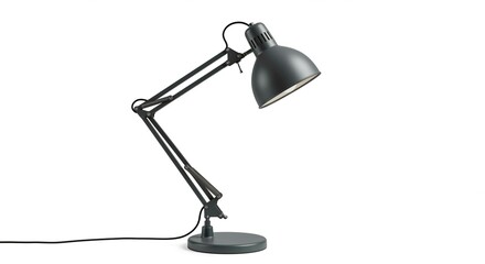 A gray adjustable desk lamp with a flexible arm and a round base on a plain white background studio shot