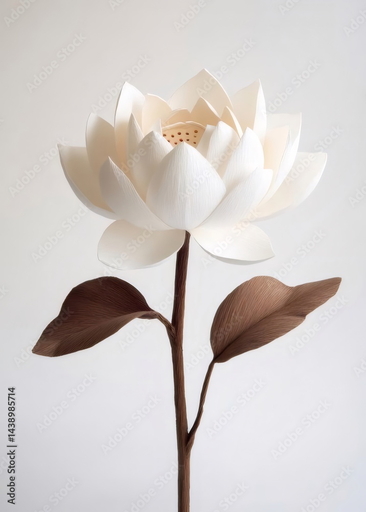 Aufkleber 白い蓮の花のクローズアップ 茶色の茎と葉 白い背景にシンプルなフローラルアート