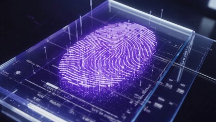 Purple 3d fingerprint hologram displayed on transparent high tech screen with digital data visualization representing biometric identification, secure, cyber protection, smart authentication system.