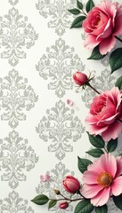Intricate white damask with stylized retro baroque blooms , fabric, retro, classic design