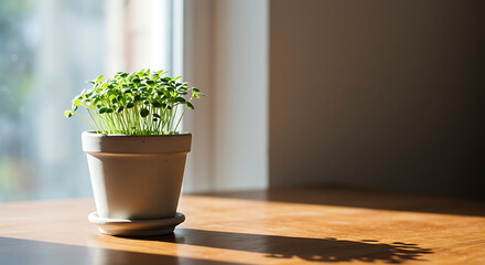 Growing Sprouts in a Pot on Wooden Table by Window