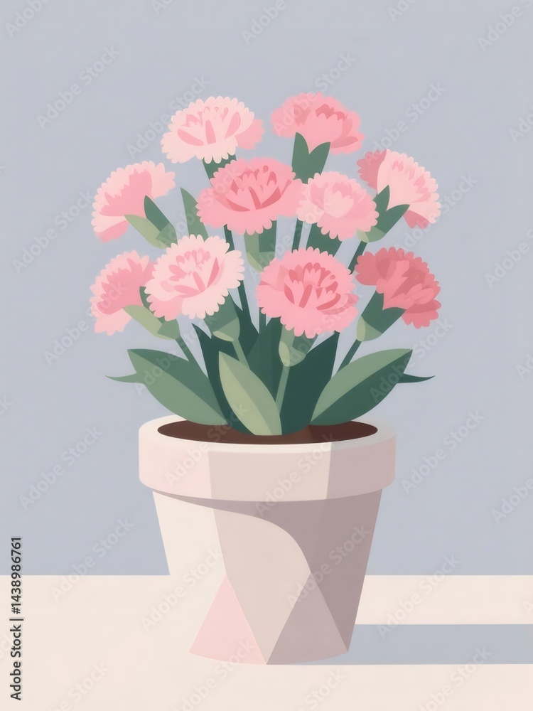 Aufkleber ピンクのカーネーションが咲く鉢植えのクローズアップ背景に白と緑の葉と青色の背景