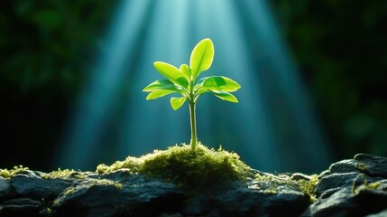 Young sprout emerging from rocks, bathed in sunlight