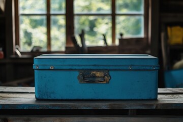 Aged, teal-colored metal box resting on rustic wooden planks.