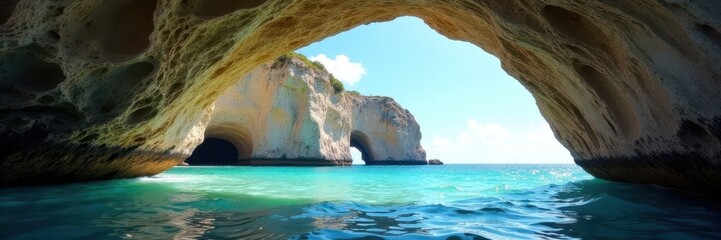 Fototapeta premium Joyful journey, exploring hidden coastal caves, bright blue sky , shadow, happy, sunlight