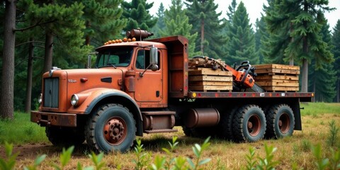 Obraz premium Rustic orange logging truck carrying lumber and chainsaw in a serene forest setting