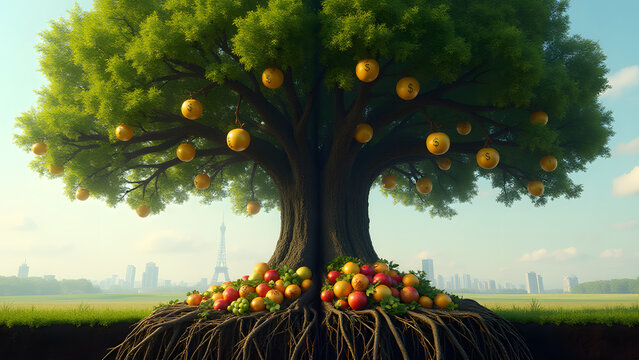 One tree, two worlds: capitalist hoarding vs. socialist sharing. Can roots heal? HD, magical realism, no faces.