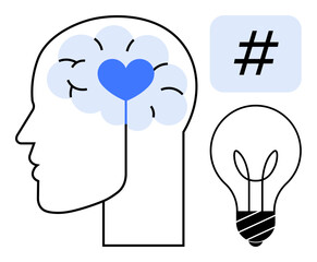 Brain with blue heart for emotional intelligence, metadata tag for social engagement, and light bulb for ideas. Ideal for mental health, creativity, innovation, online trends, emotional growth