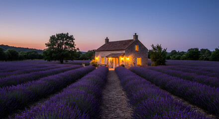 Stone Cottage Amidst Lavender Fields at Twilight