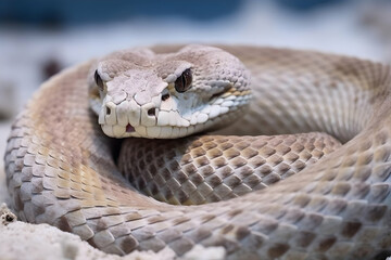 Fototapeta premium Closeup of Coiled Light Brown Snake on Sand