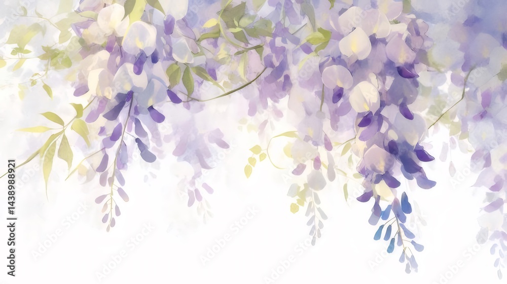 Aufkleber 水彩画の紫藤の花咲く様子 優しい光と背景 白い空間に咲き誇る花の装飾 春らしい色合いの植物イラスト