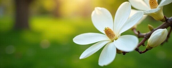 Fototapeta premium Large white magnolia blossoms on a tree in a vibrant spring garden , bloom, closeup