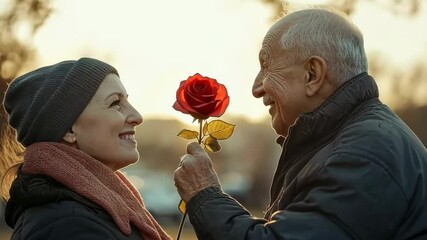 Elderly couple cherishing romantic moment with red rose in sunset glow - Powered by Adobe