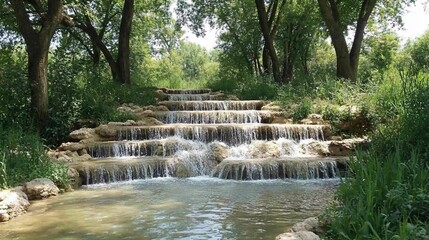 Obraz premium Tranquil cascading waterfall. Lush green trees and plants