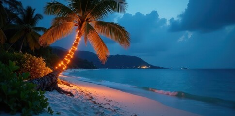 Fototapeta premium Lighted palm tree, tropical beach Christmas Festive island scene , beach, winter, Christmas