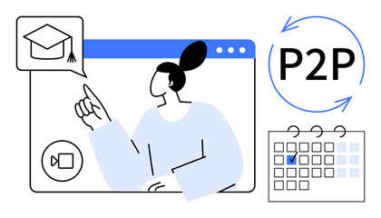 Woman pointing at a graduation cap icon on a digital interface, P2P arrows, and a calendar. Ideal for education, studying, online courses, scheduling, e-learning, collaboration self-improvement