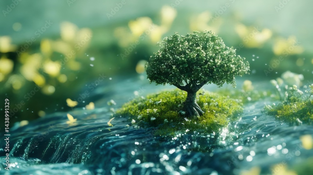 Poster 水面に浮かぶ緑の木と草の茂み 輝く自然光による幻想的な風景画