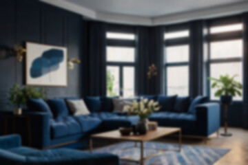 Fototapeta premium modern living room interior blurry, with sofas neatly lined up with a dark blue theme, there are flower pots behind the sofa, near the window, bright lighting, blur wallpaper, 8k photo quality