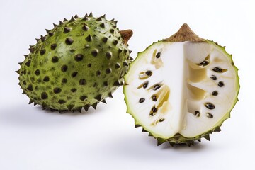 A whole soursop next to a sliced half, isolated on a white background