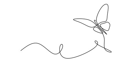 Butterfly in One continuous line drawing. Beautiful flying moth for wellbeing beauty or spa salon logo and divider concept in simple linear style. Editable stroke.