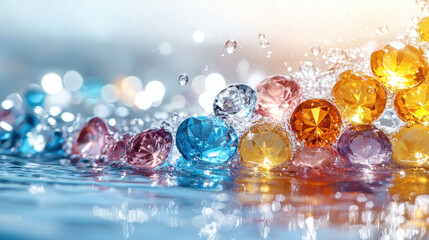 vibrant display of colorful gemstones emerges from water, creating luxurious and captivating scene. sparkling gems reflect light beautifully, enhancing overall aesthetic