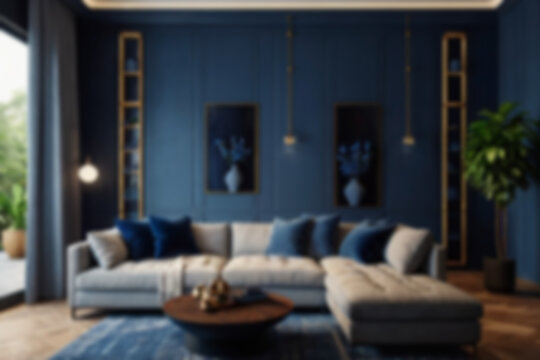 modern living room interior blurry, with sofas neatly lined up with a dark blue theme, there are flower pots behind the sofa, near the window, bright lighting, blur wallpaper, 8k photo quality