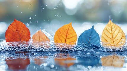 Vibrant autumn leaves in shades of orange and blue create stunning visual as they float on water, surrounded by bubbles, evoking sense of tranquility and beauty