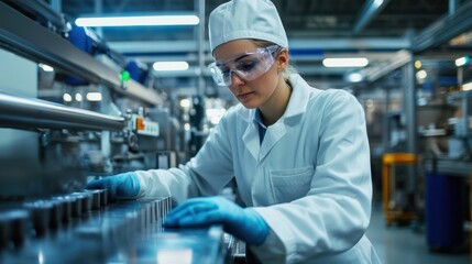 Focused Female Technician Inspecting Production Line in Modern Factory