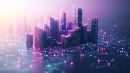 Fototapeta premium Futuristic city skyline with digital network connections.