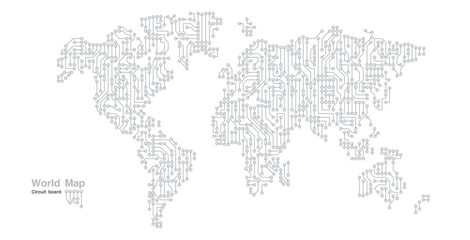World map circuit board on white background.