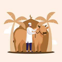 An illustration of a Muslim man holding a cow for Qurbani during Eid al-Adha, symbolizing the tradition of animal sacrifice in Islamic culture.