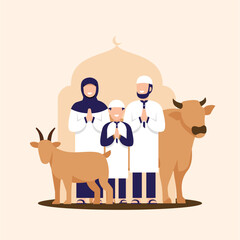 An illustration of a Muslim family celebrating Eid al-Adha with a cow and goat, representing the spirit of Qurbani and togetherness during the Islamic festival.