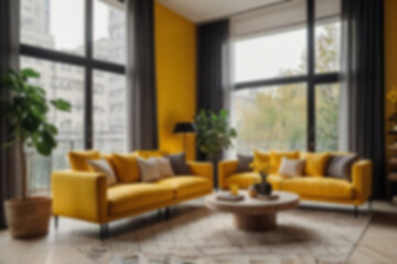 modern living room interior blurry, with sofas neatly lined up with a yellow theme, there are flower pots behind the sofa, near the window, bright lighting, blur wallpaper, 8k photo quality