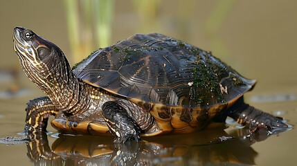 Obraz premium Dark Brown Turtle in Shallow Water