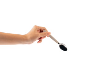 Hand and metal white spoon on transparent background.