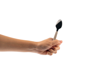 Hand and metal white spoon on transparent background.